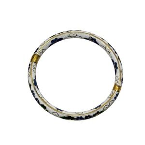 Vintage White Cloisonne Floral Enamel Hinged Bangle Bracelet Blue Green